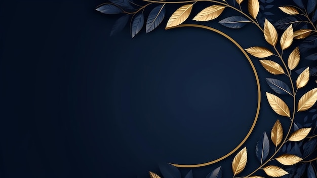 Shiny golden frame and leaves in dark blue background Generative AI