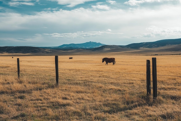 Photo shot of a ranch with kettle grazing the grass behind a fence