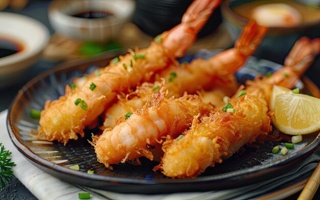 Photo a shrimp tempura on the japan traditional vintage background professional food photo ai generated