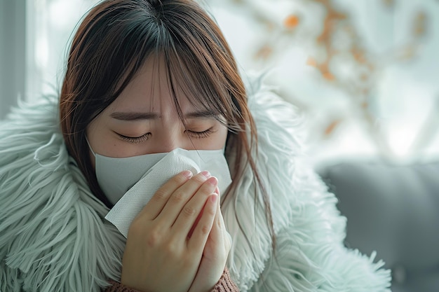 Photo sick day at home asian woman suffering from common cold and flu