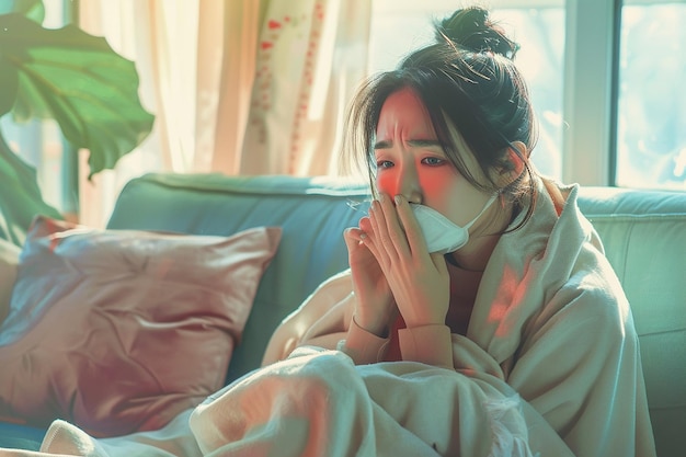 Photo sick day at home asian woman suffering from common cold and flu