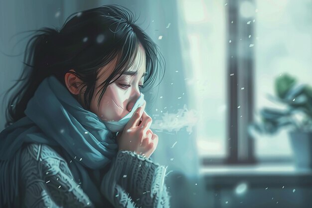 Photo sick day at home asian woman suffering from common cold and flu