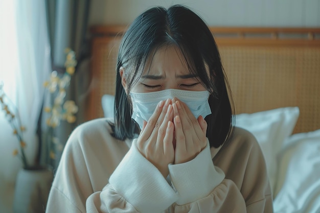 Photo sick day at home asian woman suffering from common cold and flu