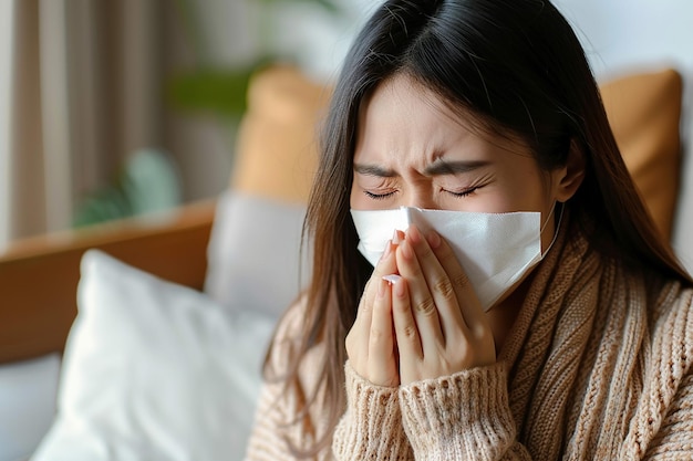 Foto giorno di malattia a casa donna asiatica che soffre di raffreddore comune e influenza