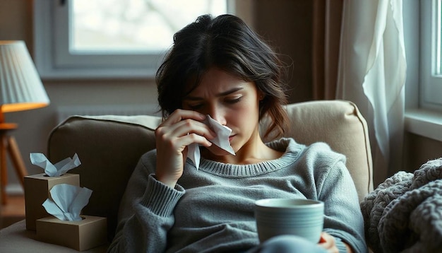 Photo sick woman at home and blowing her nose with tissue concept of winter illness influenza