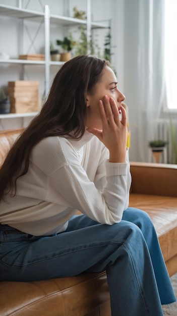 Photo side view anxious woman sitting on couch