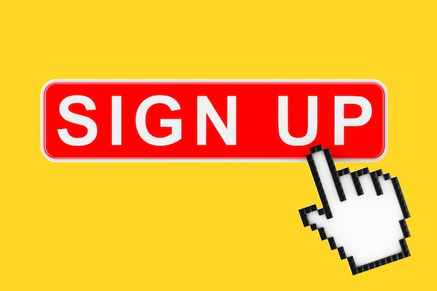 Photo sign up button with pixel icon hand on a yellow background. 3d rendering