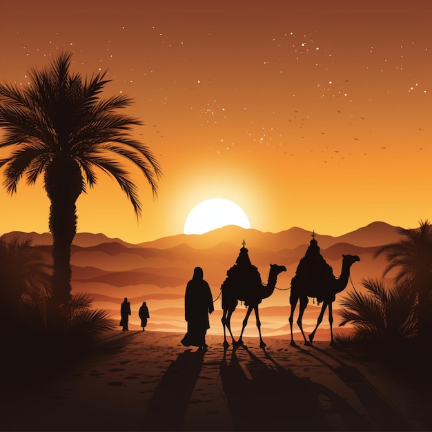 silhouette of a camel being led by several people wearing typical Middle Eastern robes