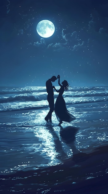 silhouette of a couple dancing on the beach at night