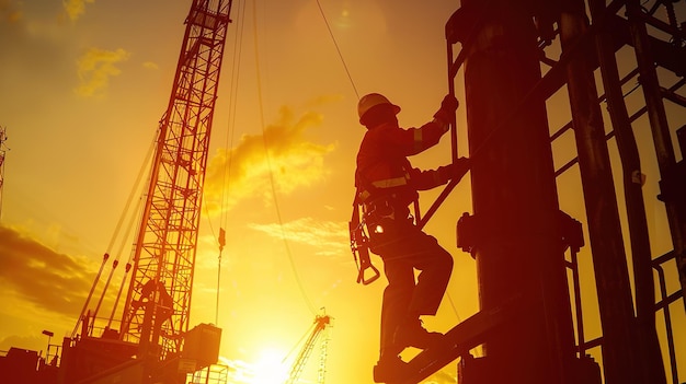 A silhouette of an oil worker climbing onto the top platform at dawn