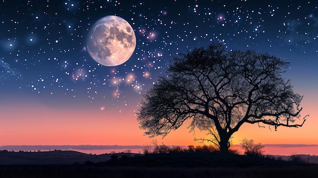 Photo silhouette of tree against night sky and full moon