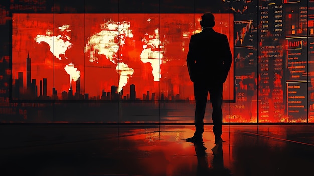 A silhouetted man stands in front of a large screen displaying a world map and data