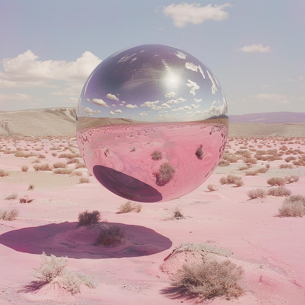 Foto sfera riflettente argentata che levita sul deserto rosa pallido