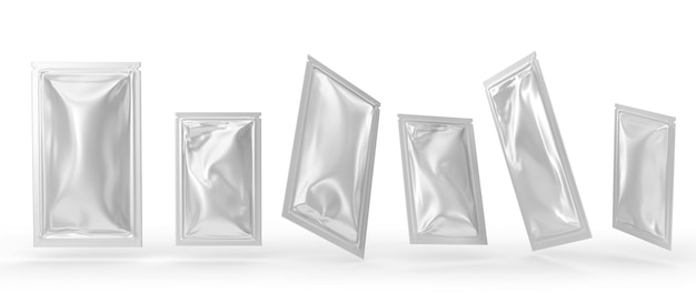 Photo silver sachet in different angle view 3d render realistic mockup foil pouch bags for wet wipes food medical or cosmetics samples blank packages isolated on white background