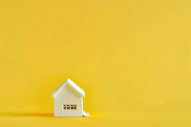 Photo simple miniature white house on yellow background with copy space