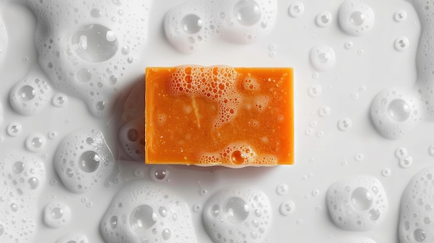 Photo a single bar of orange soap lathers up in a basin of bubbly water