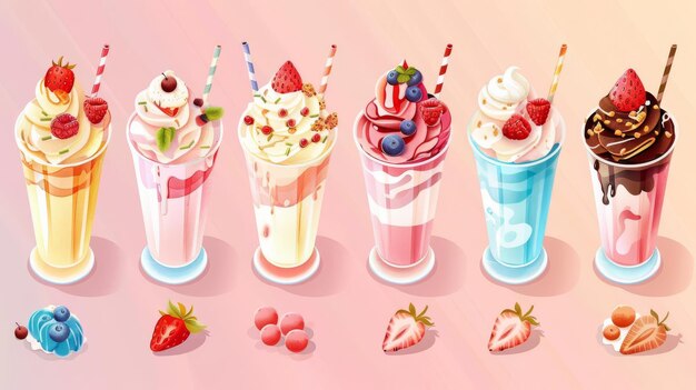 Photo six delicious milkshake variations with different toppings and flavors