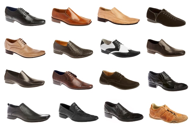 Sixteen man's shoes on a white background