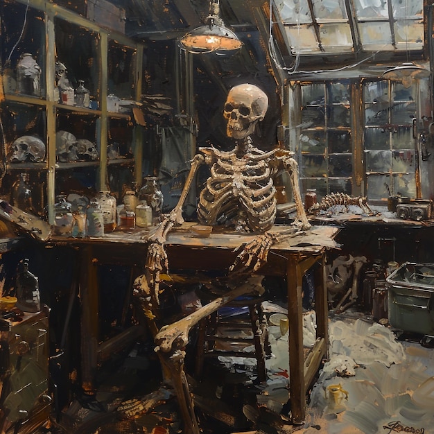 a skeleton sits at a desk in a room with a shelf full of items