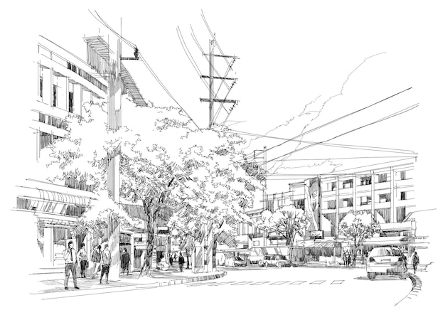 sketch drawing of citystreet.Illustration.