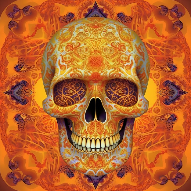 Photo skull with floral pattern on orange background 3d illustration