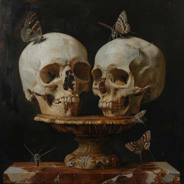 Photo skulls and butterflies on a pedestal halloween still life