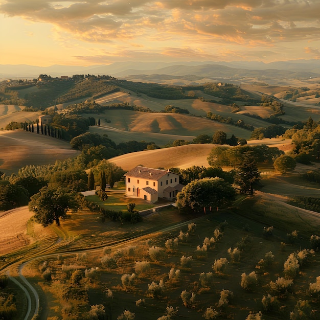 Foto vista panoramica di una casa in cima a una collina in un paesaggio rurale