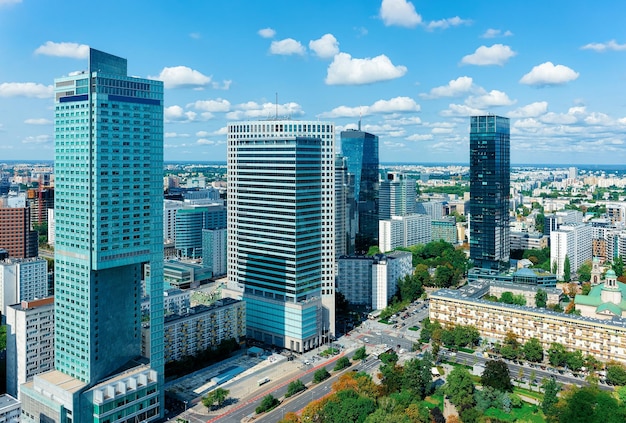 Skyline with modern skyscrapers at Warsaw city center in Poland.