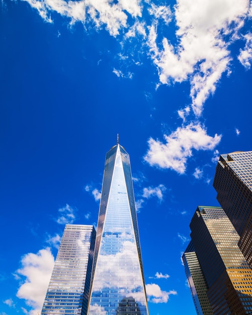 Skyline with Skyscrapers in Financial Center at Lower Manhattan, New York City, America. USA. American architecture building. Panorama of Metropolis NYC. Metropolitan Cityscape