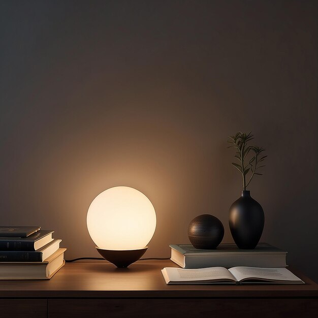 Photo a sleek modern lamp with a glowing orb of light casting a warm and inviting glow in a dark room