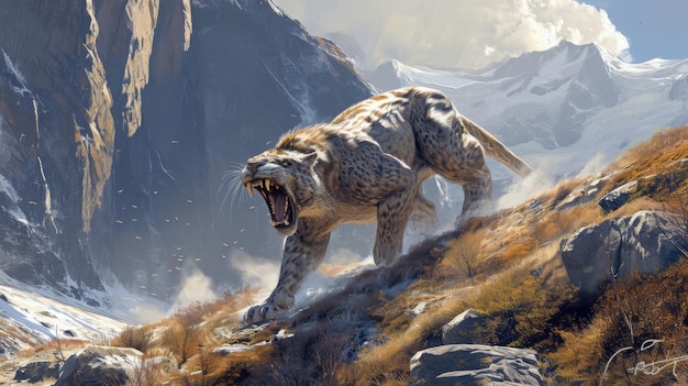 Photo a sleek speedy predator stalks its prey through a mountain valley its sharp serrated teeth