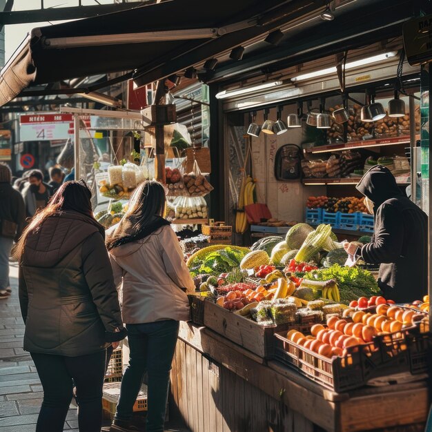 Photo small business owners reopening shops with cheerful customers bright afternoon light bustling market background aar 64 job id affc91261c1d4271b870559939a413db