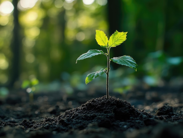 Photo small green tree seedling growing in the woods