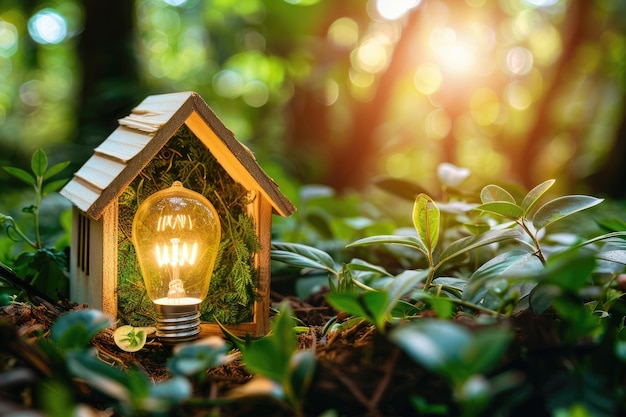 Photo a small house model on the grass and a light bulb