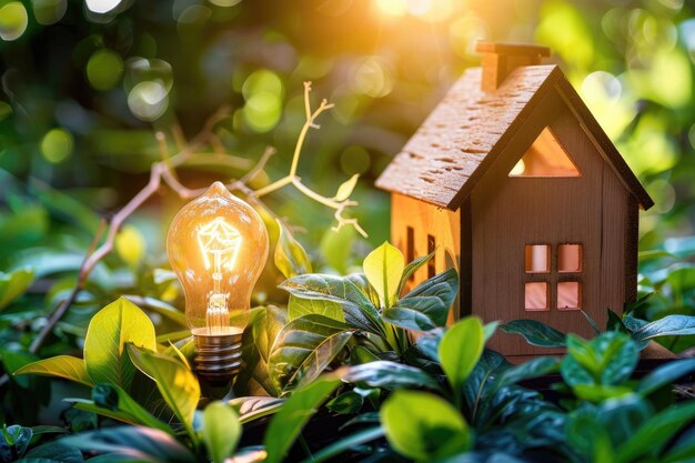 A small house model on the grass and a light bulb