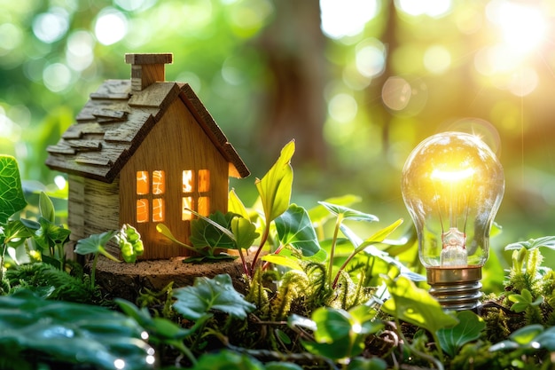 A small house model on the grass and a light bulb