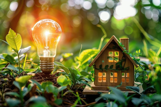 A small house model on the grass and a light bulb