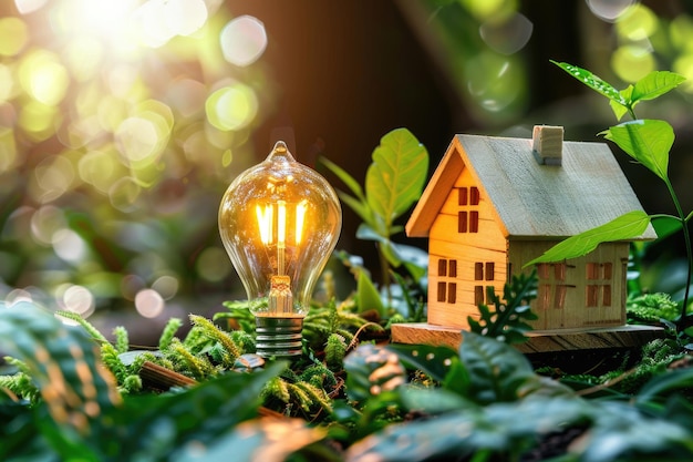 A small house model on the grass and a light bulb