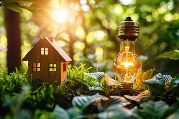 A small house model on the grass and a light bulb