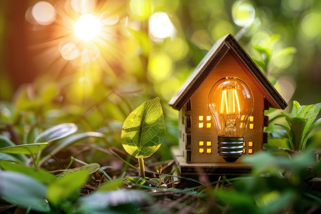 Photo a small house model on the grass and a light bulb