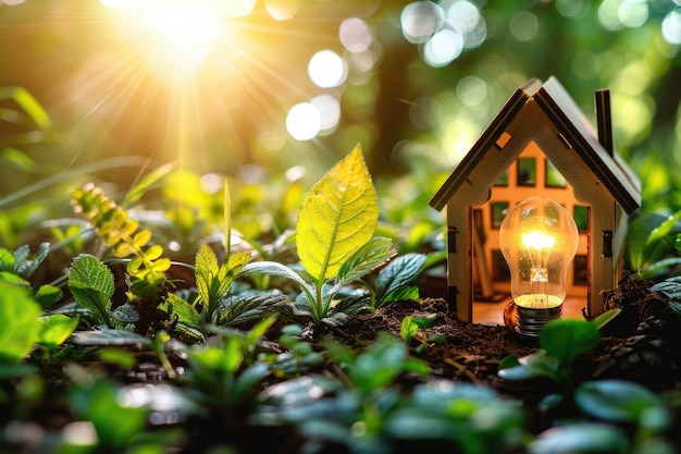 A small house model on the grass and a light bulb