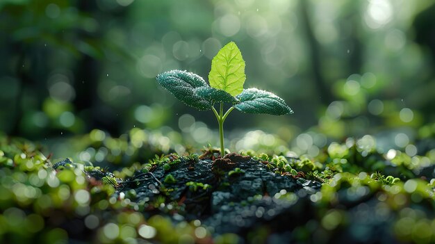 a small plant growing on a mossy tree trunk