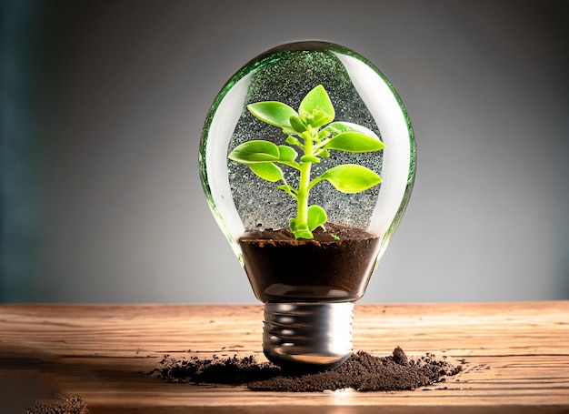 A small plant is in a glass and the word tree on it