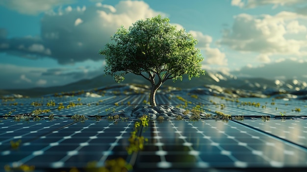 A small tree is growing from the middle of the solar panel a concept of renewable energy source with a space for text or product Generative AI