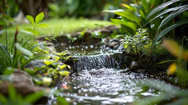 Photo a small waterfall in a garden with plants and flowers