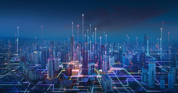 Photo smart city and abstract line and dot connect with gradient line design big data connection technology concept 3d render