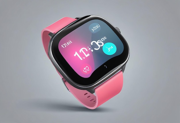 Photo a smart watch with a pink display showing the time as 11 14