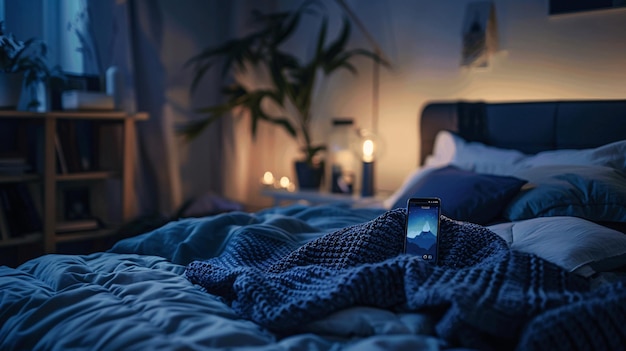 Smartphone on Bed with Blanket in Dark Bedroom