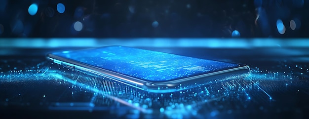 Photo smartphone on a blue digital grid with bokeh lights