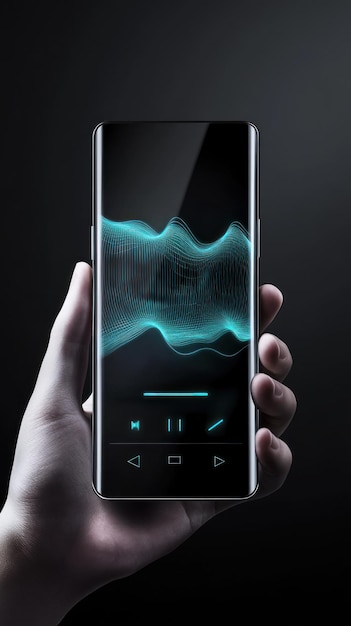 Photo smartphone with music player and blue wave visualizer